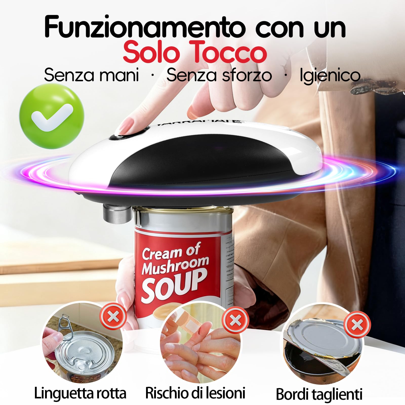 YARRAMATE Apriscatola elettrica ricaricabile – apriporta scatola di conservazione automatica a un tasto, bordo liscio, mani libere per anziani, con borsa portaoggetti, portatile da viaggio campeggio