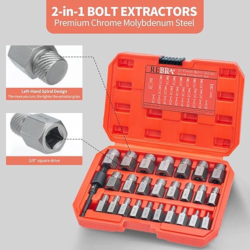 Miniatura 5 de REBRA Juego de 27 extractores de tornillos, kit de extracción de pernos fácil de sacar de 3/8 pulgadas, cabezal hexagonal multilínea para quitar