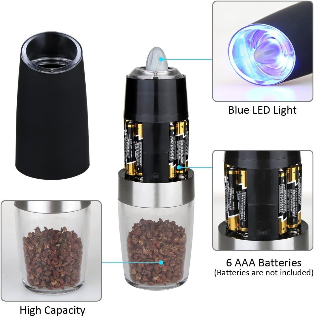 Gravity Electric Salt and Pepper Grinder Set, Battery Operated, Automatic Salt and Pepper Mills with Blue Light(Black, 2pcs/Pack), Adjustable Coarseness,One Handed Operation,Cleaning Brush