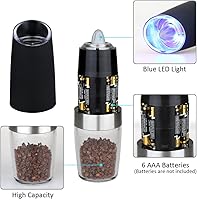 Vista 4 de Gravity - Juego de molinillo eléctrico de sal y pimienta, funciona con pilas, molinos automáticos de sal y pimienta con luz azul