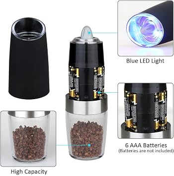 Gravity Electric Salt and Pepper Grinder Set, Battery Operated, Automatic Salt and Pepper Mills with Blue Light(Black, 2pcs/Pack), Adjustable Coarseness,One Handed Operation,Cleaning Brush