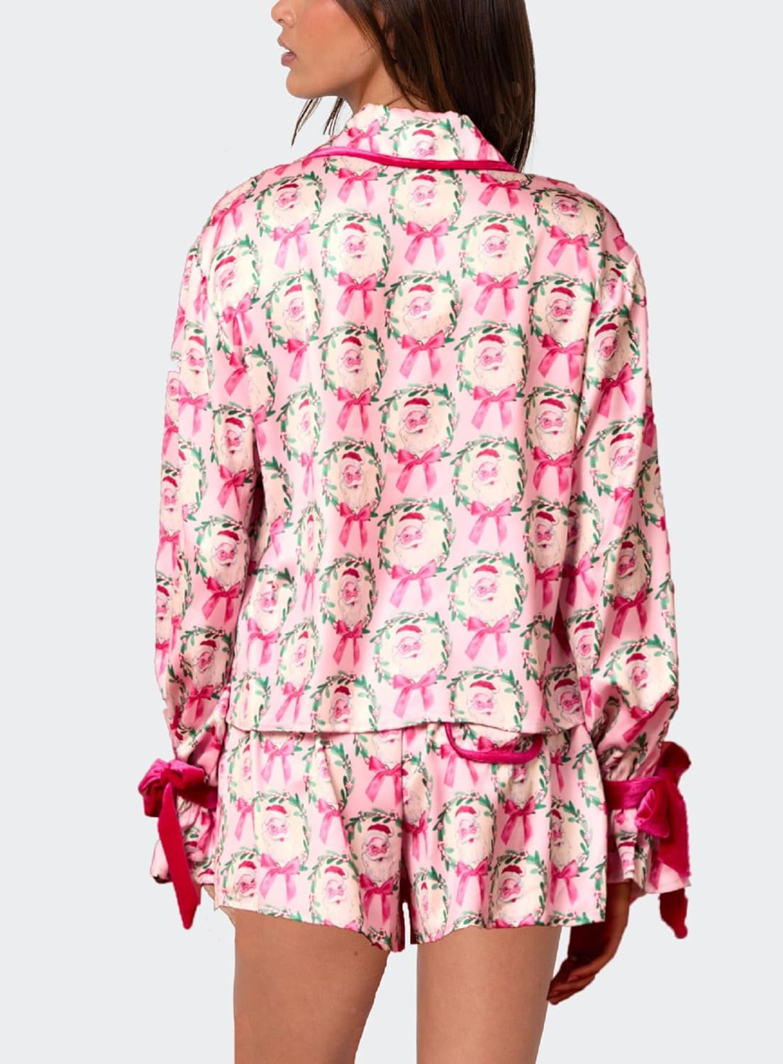 Womens Bow Tie Pajamas Shorts Holiday Pjs Set Long Sleeve Button Up Shirt Ruffle Shorts 2 Piece Sleepwear Jammies - Image 2