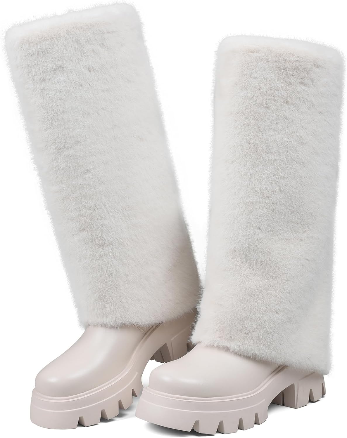 Women's Furffy Knee High Boots Winter Fold Over Boots Fashion Long Snow Boot Chunky Heel Platform Boot Round Toe Tall Warm Shoes for Women