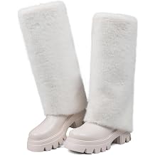 Womens Furffy Knee High Boots Winter Fold Over Boots Fashion Long Snow Boot Chunky Heel Platform Boot Round Toe Tall Warm Shoes for Women