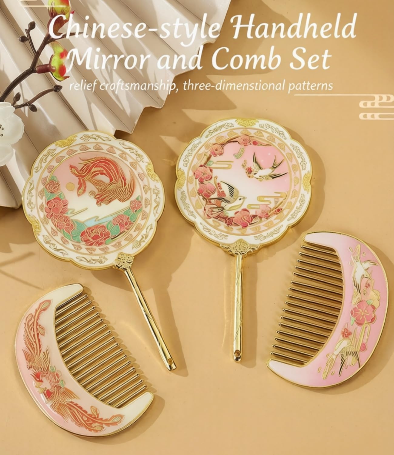 Vintage-Style Handheld Mirror and Comb Set (Bird)