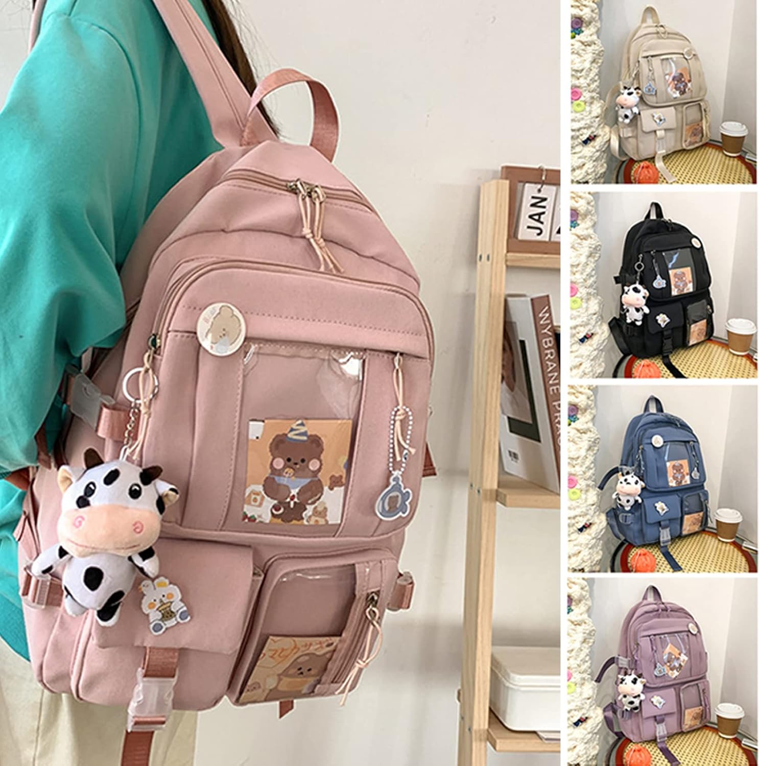 Cute Backpack with Cute Pin Accessories Plush Pendant for School Bag Student Girl Backpack Super-Capacity Waterproof Travel Backpack(Beige) - Image 3