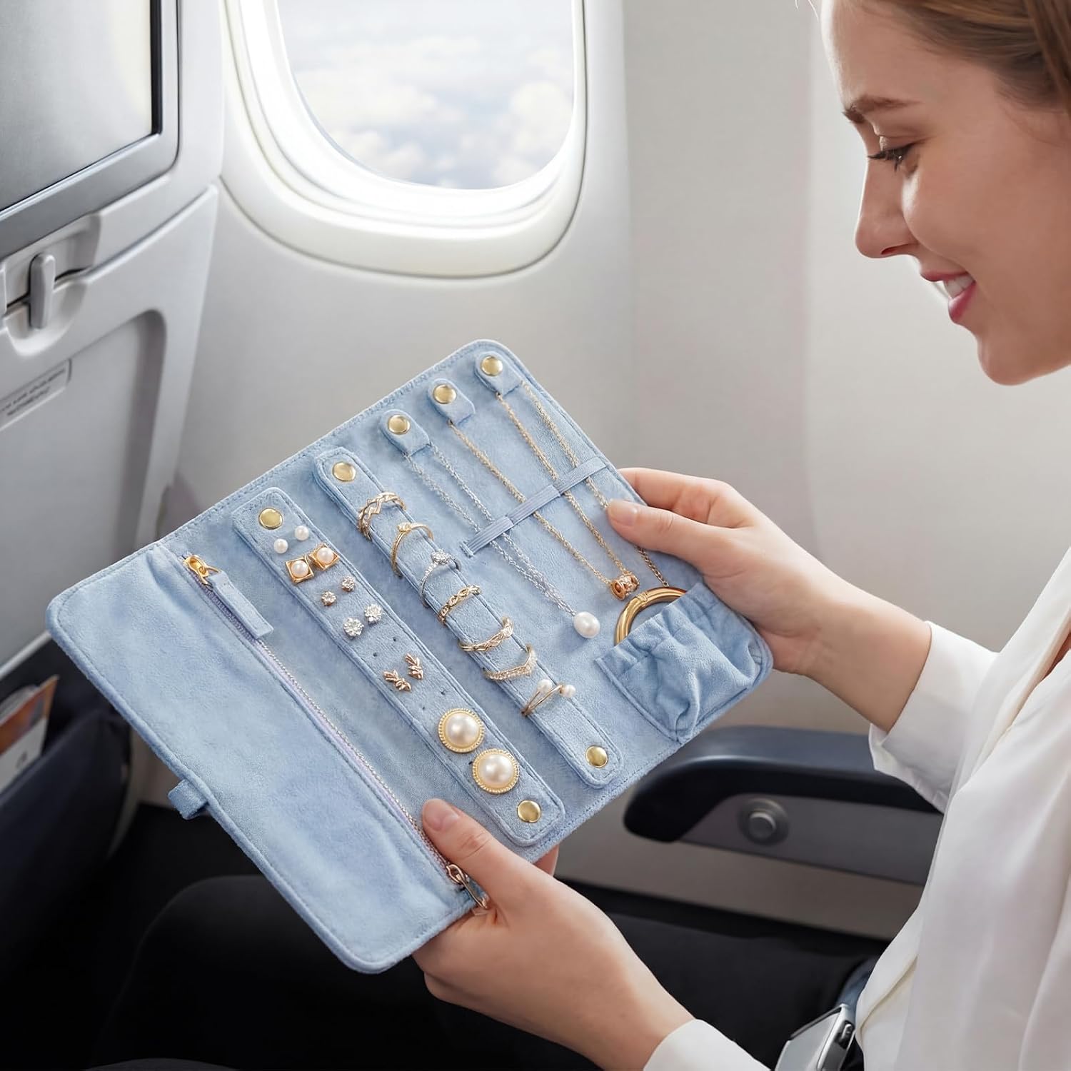 Tondiamo 6 Pcs Light Blue Velvet Jewelry Roll Luxury Travel Jewelry Case