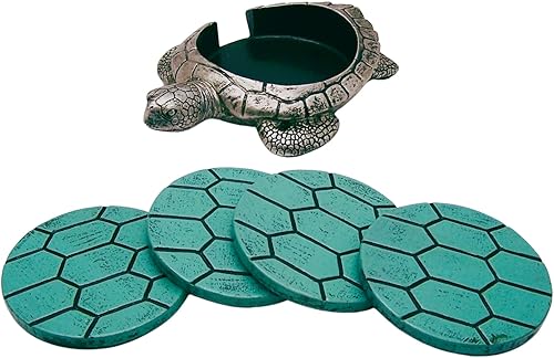 Miniatura 2 de Juego de posavasos de tortuga marina con soporte de tortuga en tono plateado, decoración náutica, juego de 4 posavasos, 7 pulgadas