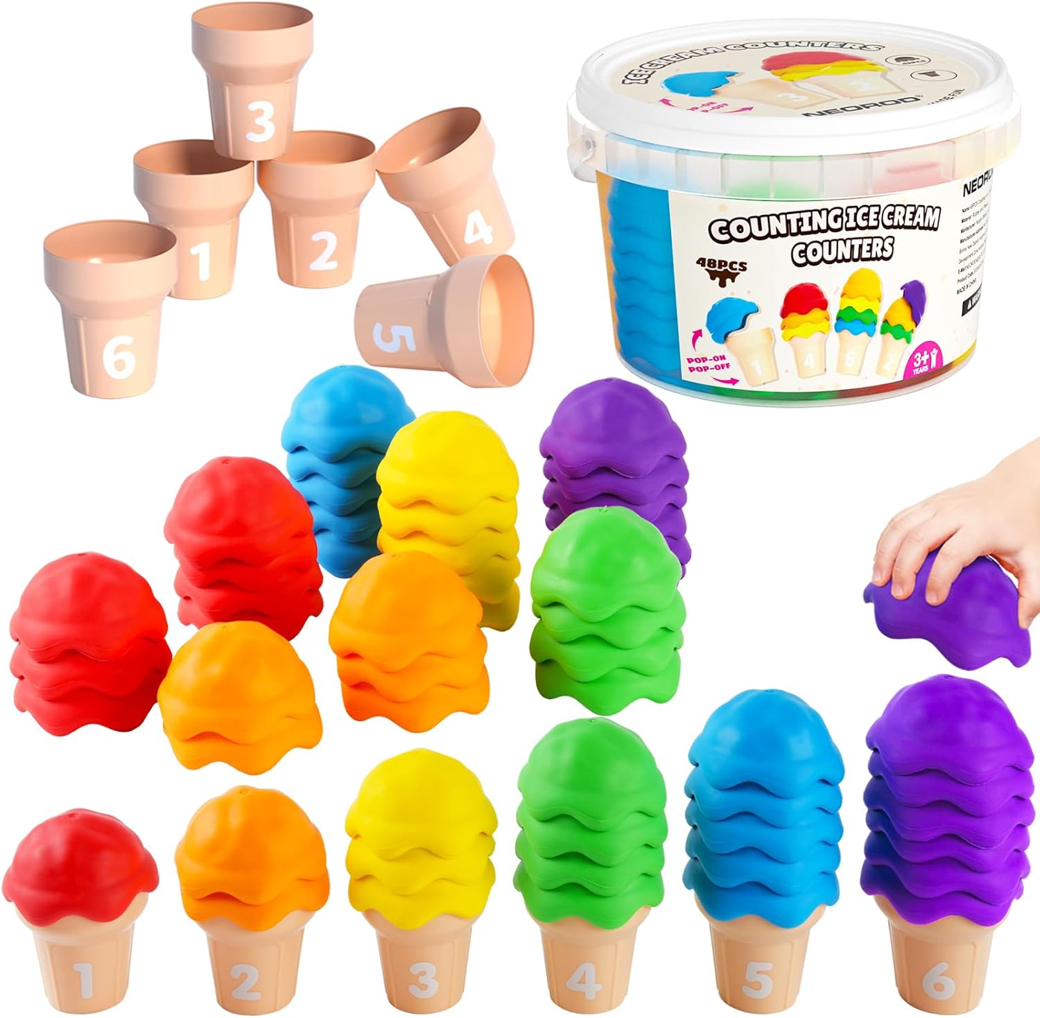 NEOROD Ice Cream Counting Toys for Toddlers 3-5 – Montessori Preschool Learning Set with 42 Scoops & 6 Cones | Color Sorting & Fine Motor Skills Stacker | Educational Math Game & Sensory Toys for Kids