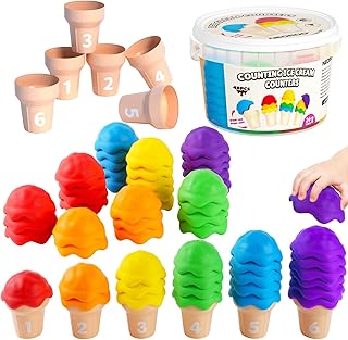 NEOROD Ice Cream Counting Toys for Toddlers 3-5 – Montessori Preschool Learning Set with 42 Scoops & 6 Cones | Color Sorting & Fine Motor Skills Stacker | Educational Math Game & Sensory Toys for Kids