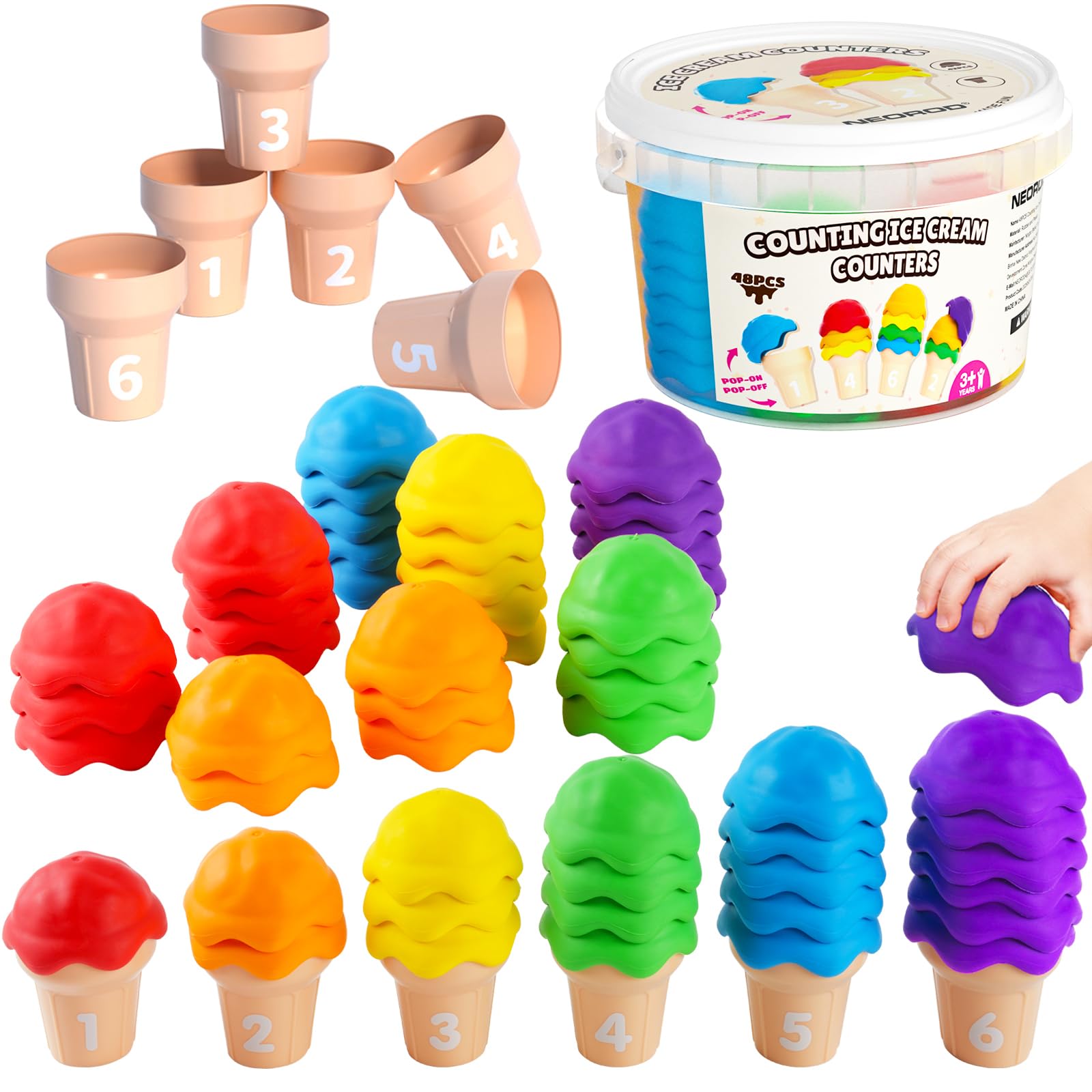 NEOROD Ice Cream Toys for Toddlers 1-5, Montessori Counting Manipulatives | 6 Cones & 42 Scoops Math Color Sorting Set, Fine Motor Stacking Game with Storage Container, Safe Rubber Sensory Play