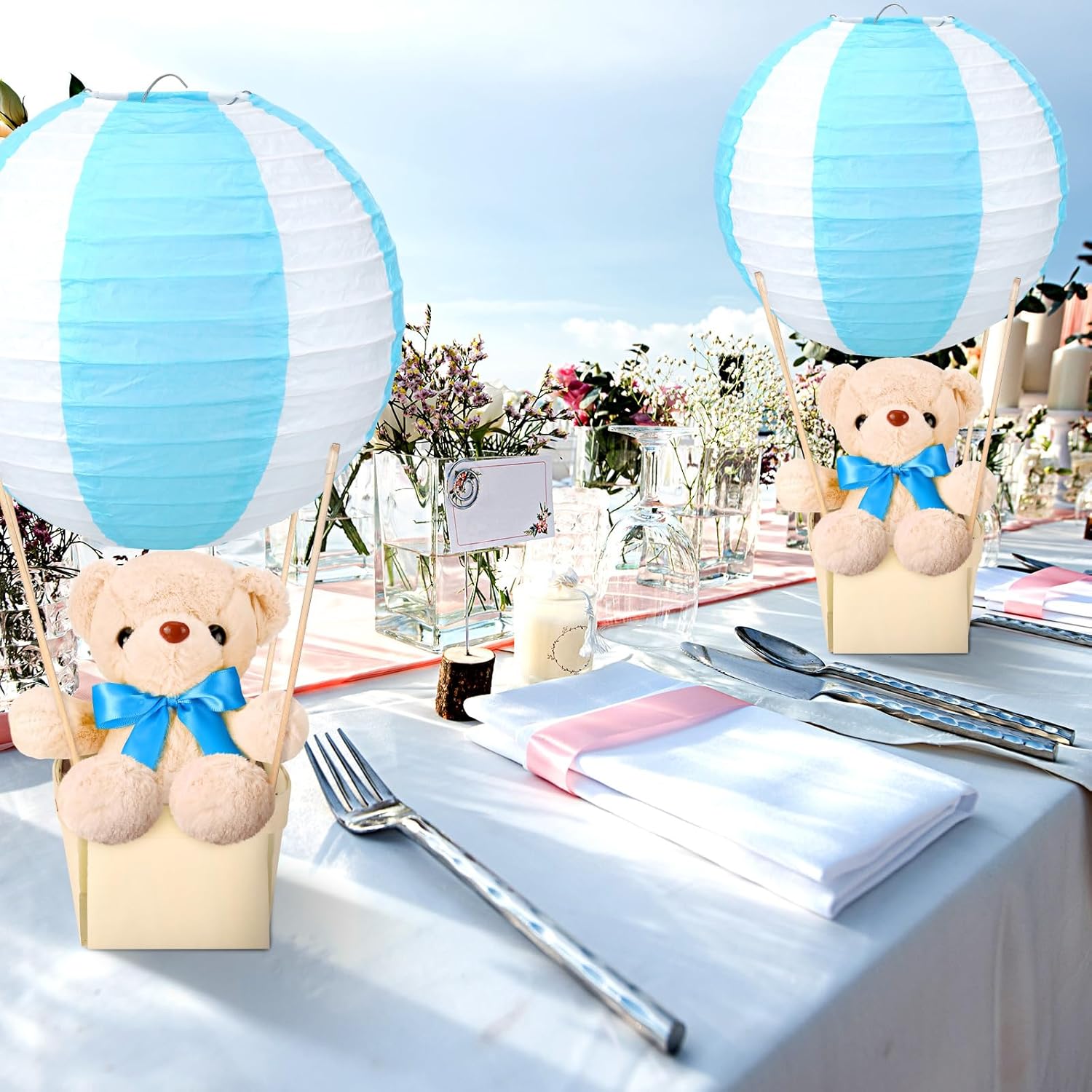 Baquler 12 Sets Baby Shower Hot Air Balloon Table Centerpieces DIY Paper Lanterns Stuffed Plush Bear Wooden Baskets for Wedding Birthday Gender Reveal(Blue)
