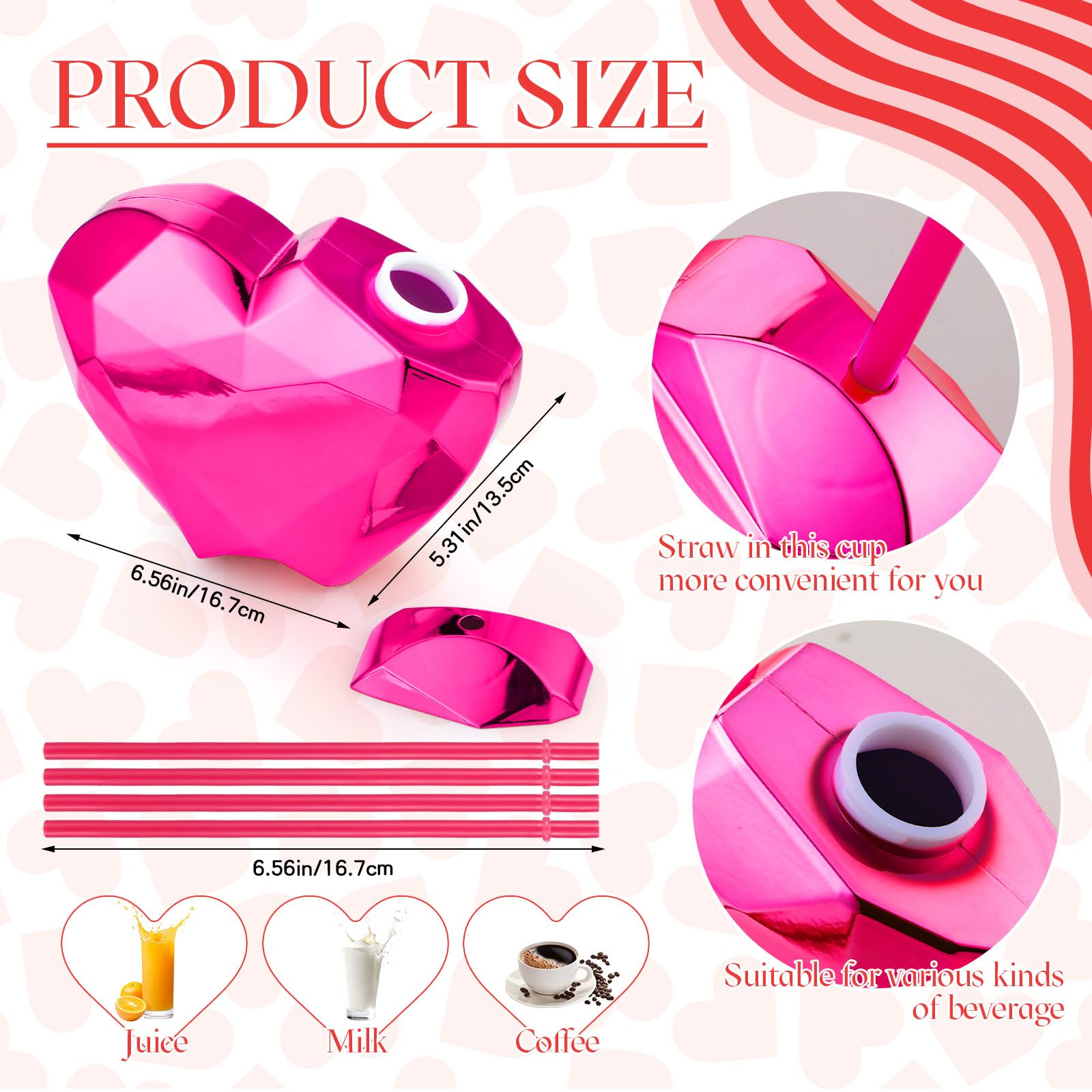 Domensi 4 Pack Heart Shaped Cup with Lid and Straw 23 oz Disco Cups Drinking Cocktail Cups Plastic Tumblers Party Wine Cup for Bar Valentine Birthday Tropical Luau Hawaiian Party Supplies (Pink)