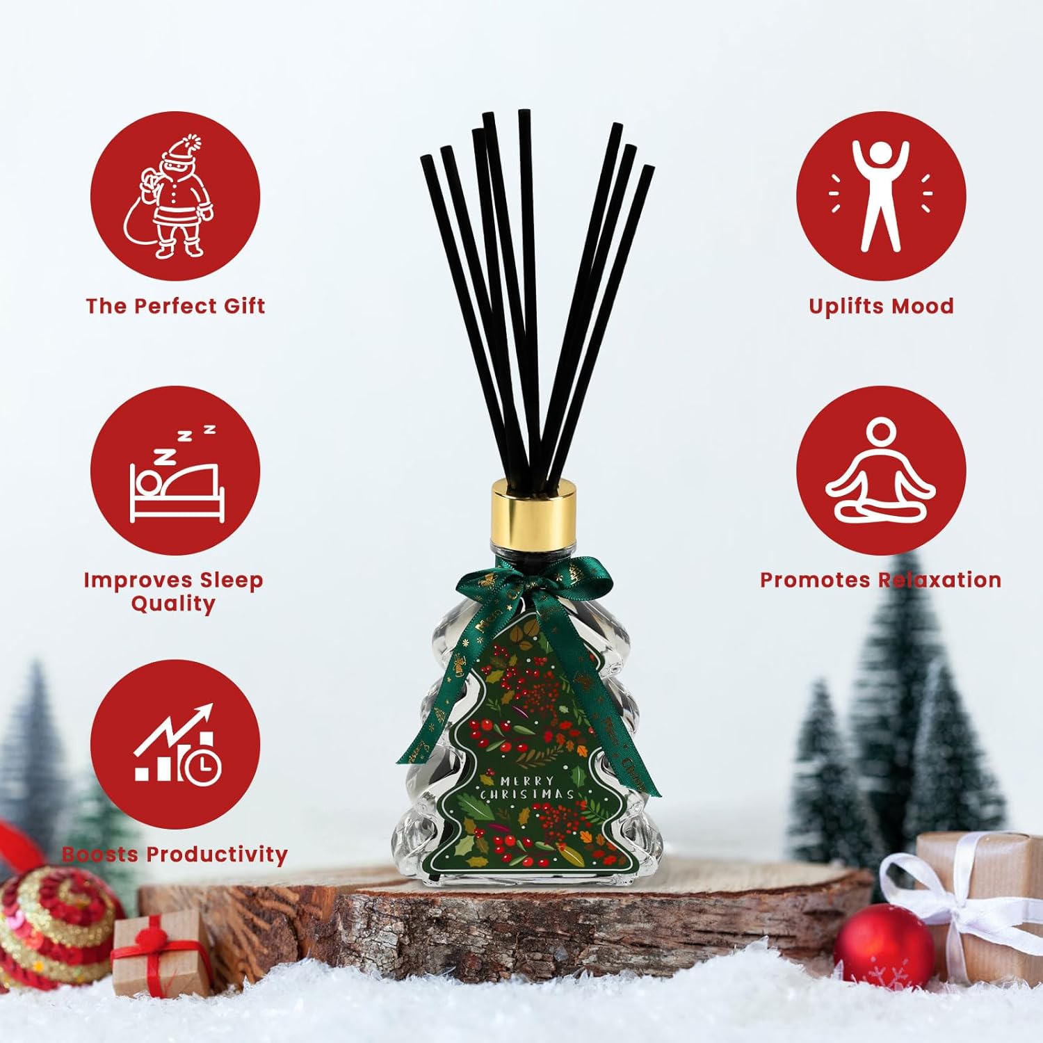 Brakula Christmas Reed Diffuser Set, Fireside Juniper & Balsam Scented, 8 Diffuser Sticks with Christmas Bottle Design, Home Decor Bedroom Living Room Office (6.09oz) - Image 5