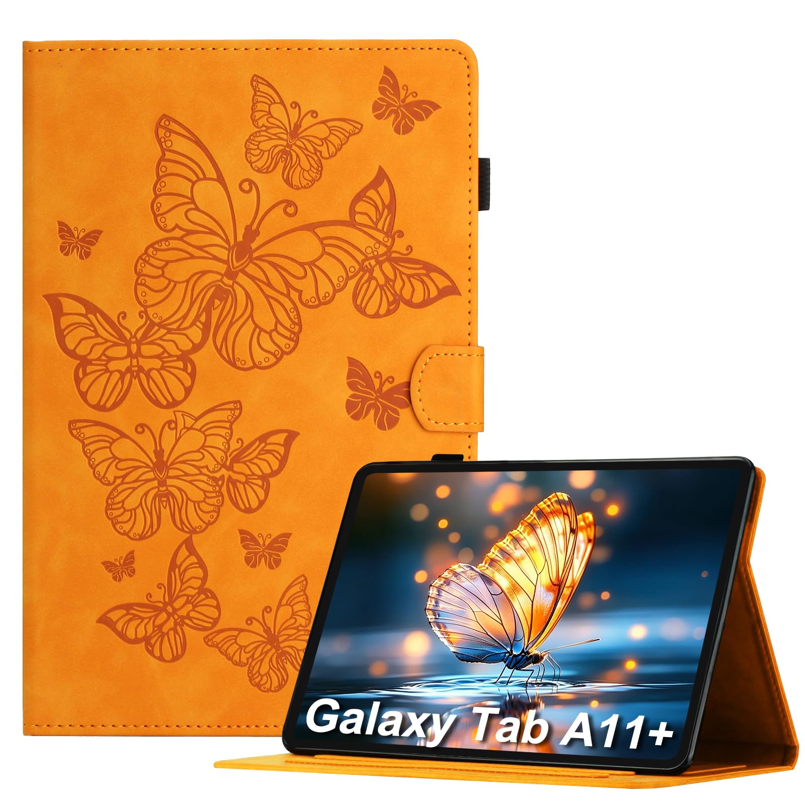 CASAFUNY Leder Hülle für Samsung Galaxy Tab A11+ Plus 11 Zoll 2025,Orange | PU Leder,S Pen Halter,Auto Schlaf/Wach,Schmetterlingsdesign,Schützhülle für SM-X230/SM-X235/SM-X236B