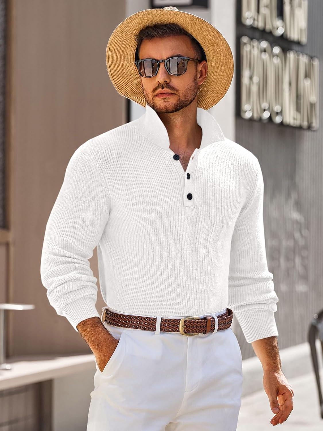 Runcati Mens Long Sleeve Polo Sweater Knit Polos V Neck Casual Dress Button Collared Pullover Sweaters - Image 3