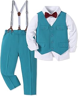 Boy Clothes Suit Formal Dress Shirt+Vest+Bowtie+Suspender Pants Kids Tuxdeo Gentleman Wedding Party Outfits Set