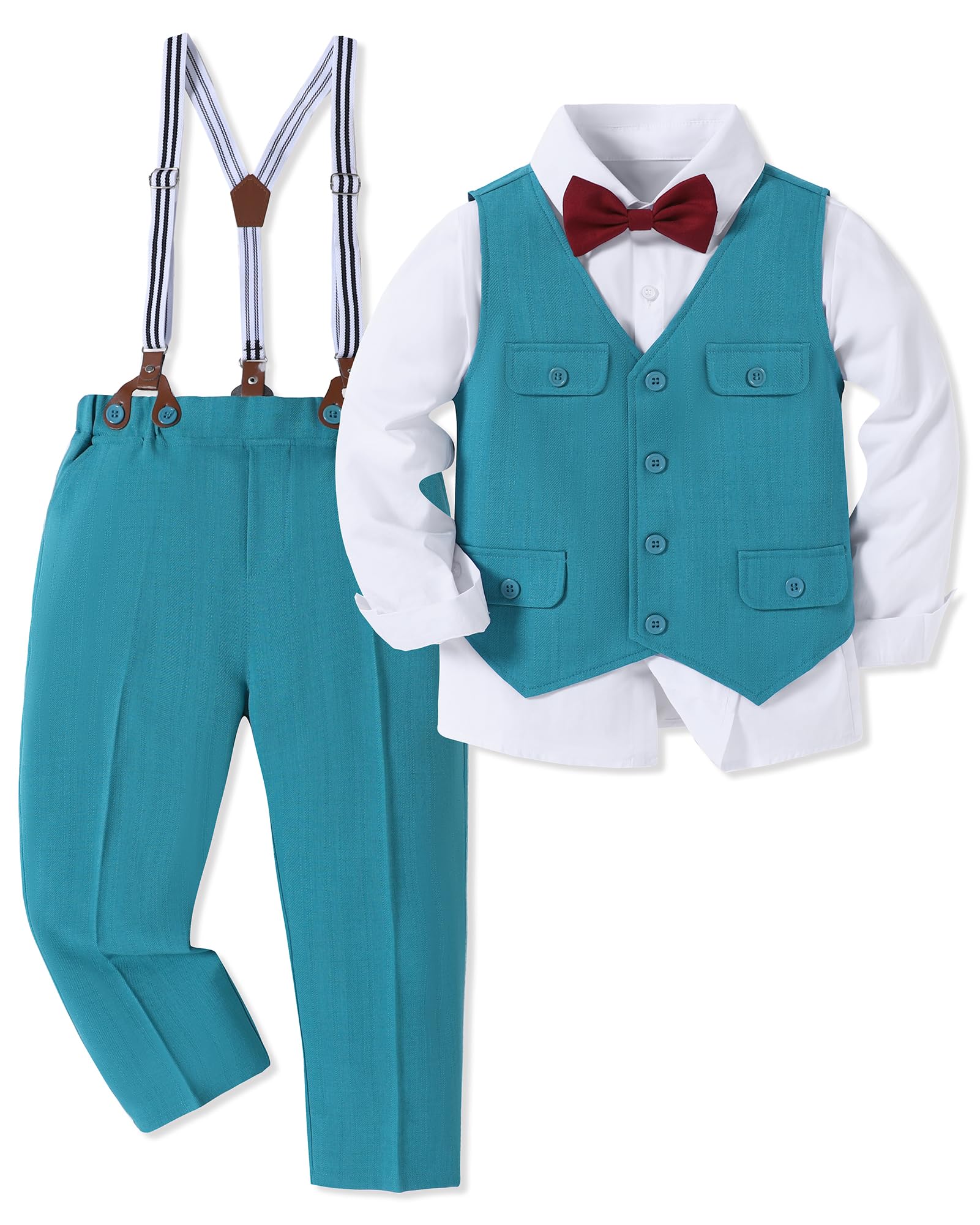 WESIDOM Boy Clothes Suit Formal Dress Shirt+Vest+Bowtie+Suspender Pants Kids Tuxdeo Gentleman Wedding Party Outfits Set