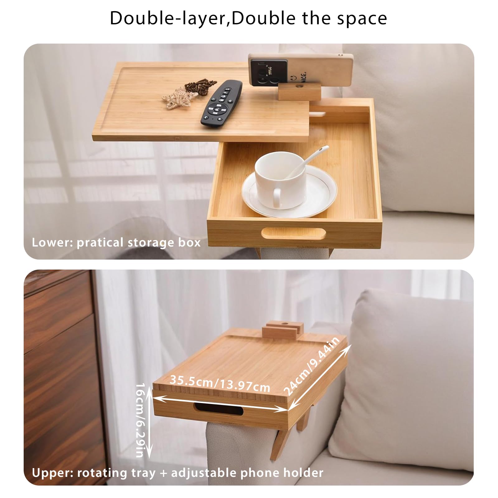 Sofa Arm Tray,Couch Arm Table,Two-Tier Clip On Tray Sofa Table with 360° Rotating Tabletop and Mobile Phone Stand,for Eating and Drinking,Storage,35 * 24 * 16cm - Image 2