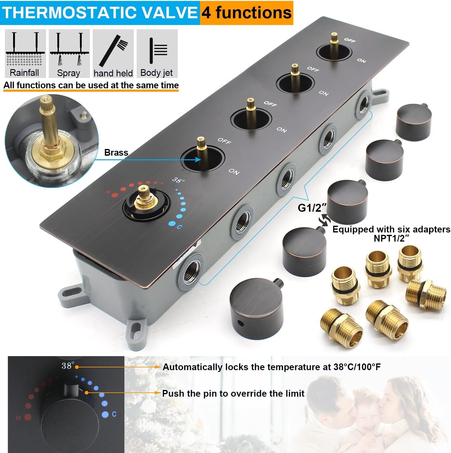 Rain Shower System Black Full Body Thermostatic Shower Head System with Flow-Adjustable Body Jets, Rain Fog Overhead Shower and Handheld Spray,Oil-Rubbed Bronze,16 Inch +6 Jets