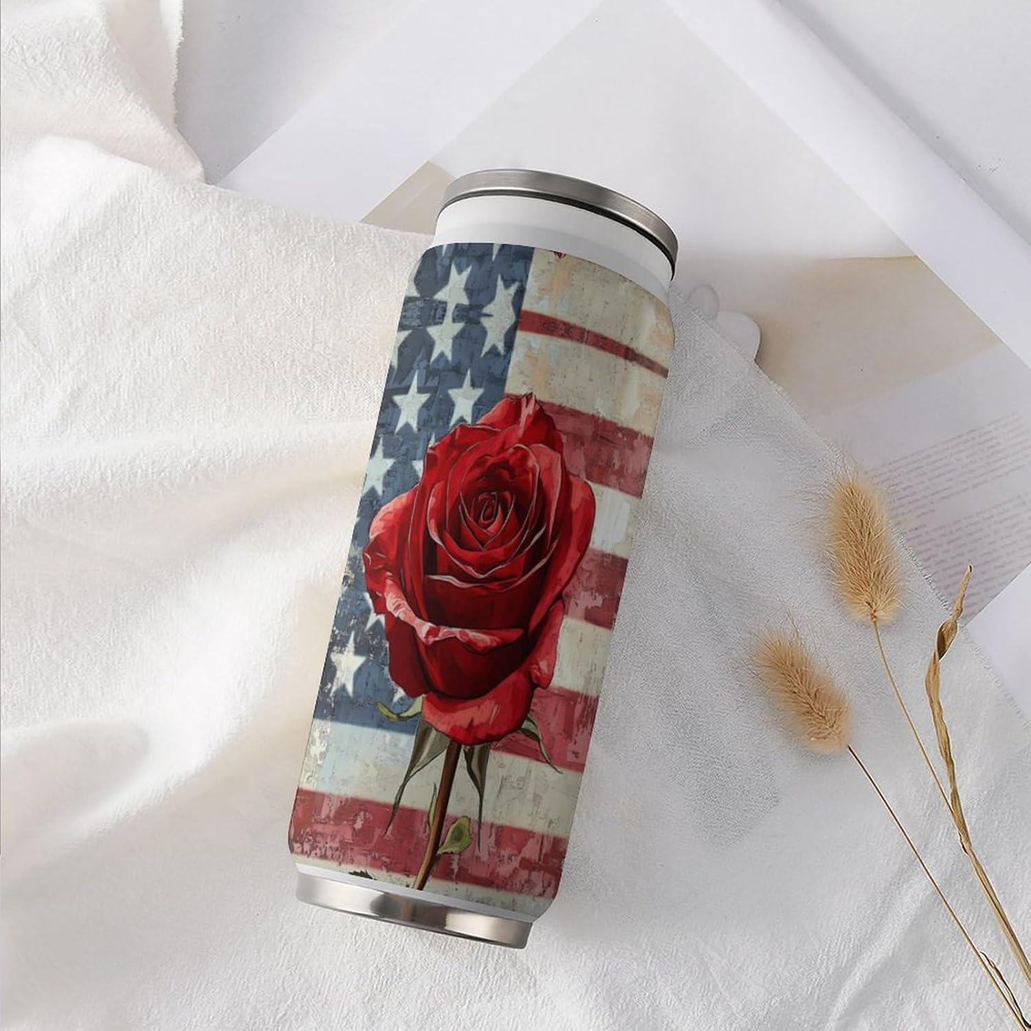 Memorial Day Rose Portable Cola Can Shaped Insulated Tumbler with Sippy Cup Lid for Hard Seltzer Beer Drinks