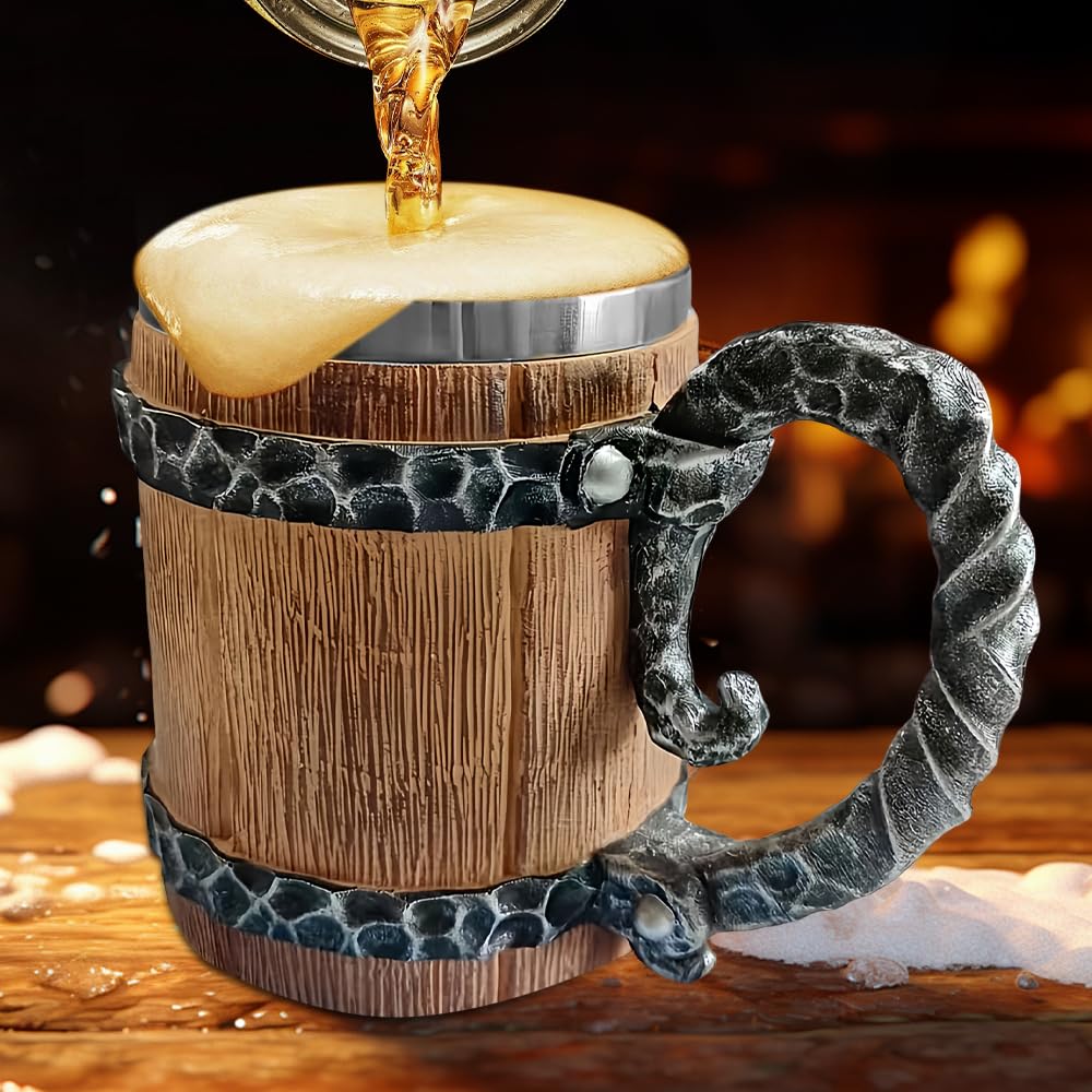 Holzkrug Mittelalter, Bierkrug Holz mit Edelstahl, 600ml Fass Retro Krug Holzfass, Beer Mug für Kaffee/Getränke/Saft, Geschenk für Männer, Vatertagsgeschenk