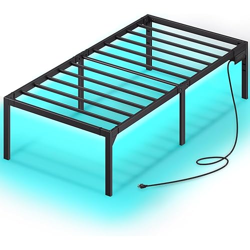 Rolanstar Bed Frame with USB Charging Station, Twin Bed Frame with LED Lights, Platform Bed Frame with Heavy Duty Steel Slats, 18" Storage Space Beneath Bed, No Box Spring Needed, Noise Free