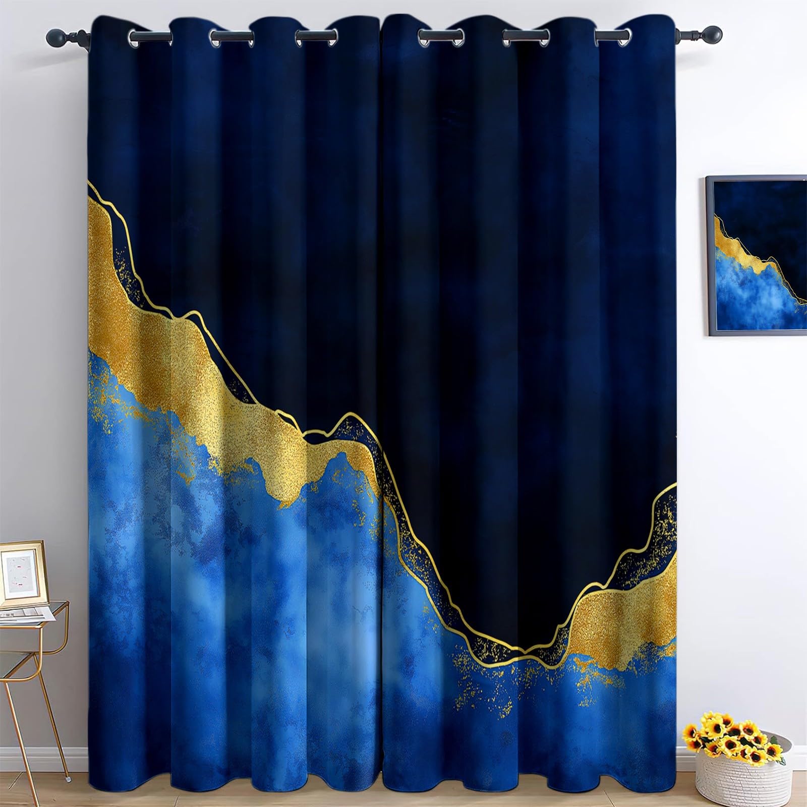 Granatowa zasłona zaciemniająca do salonu 140 x 225 cm minimalistyczny artystyczny płyn druk termiczny zasłony izolowane termicznie odporne na zimno poliester zestaw 2 zasłon okiennych do pokoju