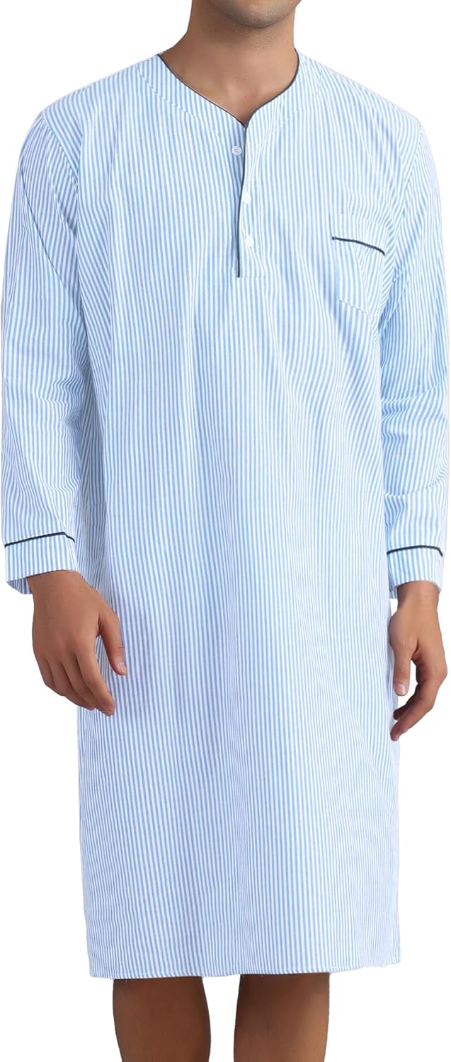 Lars Amadeus Stripe Nightgown for Men's Long Sleeved Button-Down Sleepwear Lounging Nightshirt