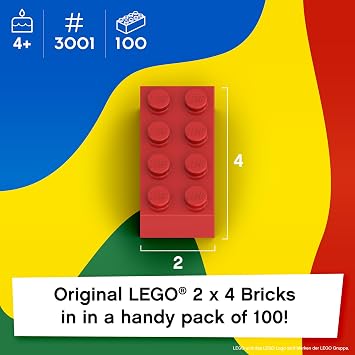 LEGO Bricks Only, 2x4 Parts, Mixed Colors, 100pcs - LEGO BASIC Bricks Set (3001), Classic Starter Set with Mixed Bricks, Building Blocks Multicolored