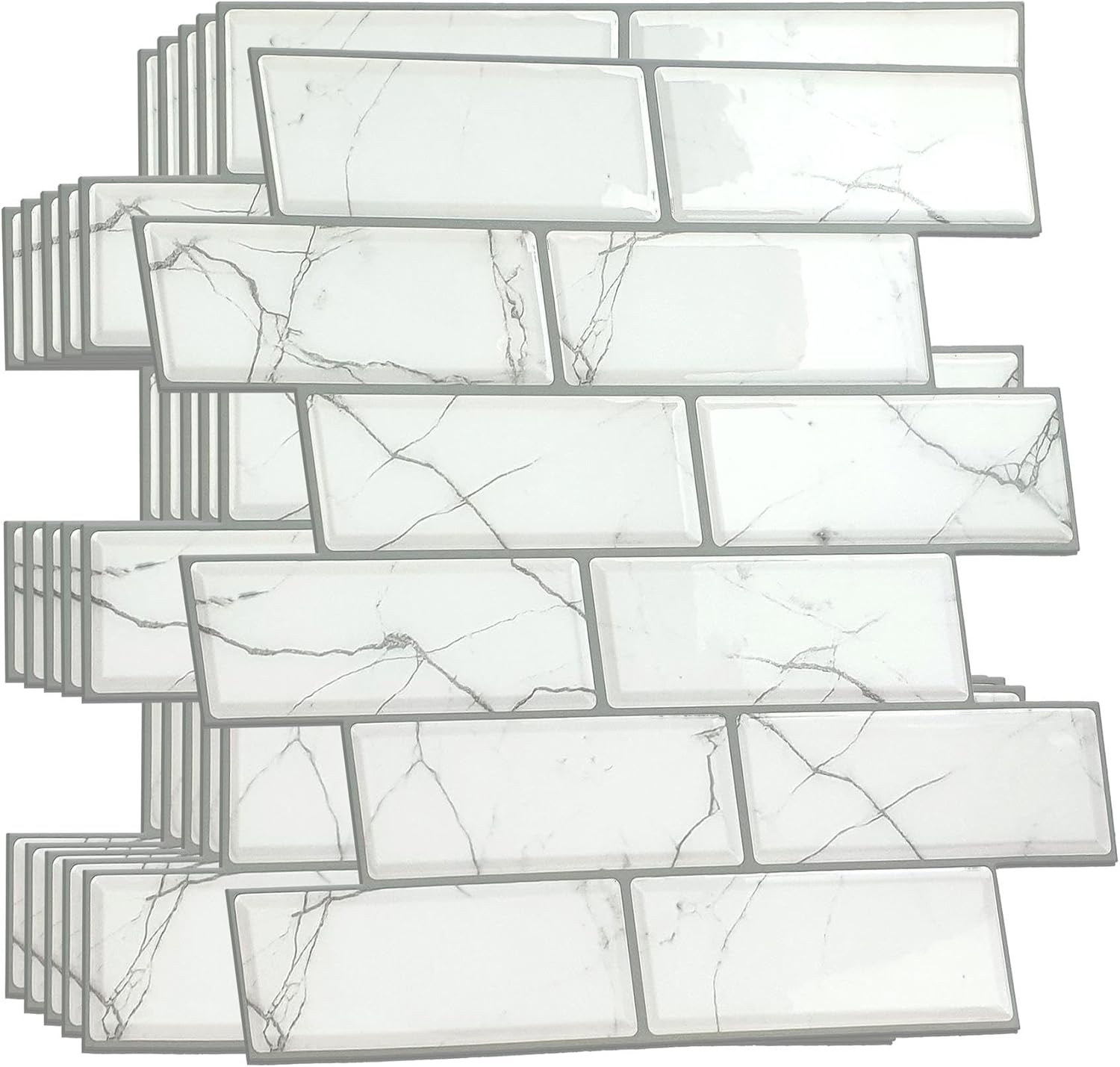60 Sheets 12" x 6" White Marble Eclectric Glossy 3D Metro Tile Stickers Peel and Stick Backsplash for Kitchen Stick on Subway Mosaics Tile Paint Water Heat Resistant Bathroom Decoration Kitchen Decor