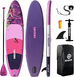 Highpi Tábuas infláveis de stand up, 26 x 81 x 15 cm, SUP com acessórios mochila antiderrapante, coleira, remo e bomba de mão, prancha de remo rosa para jovens e adultos