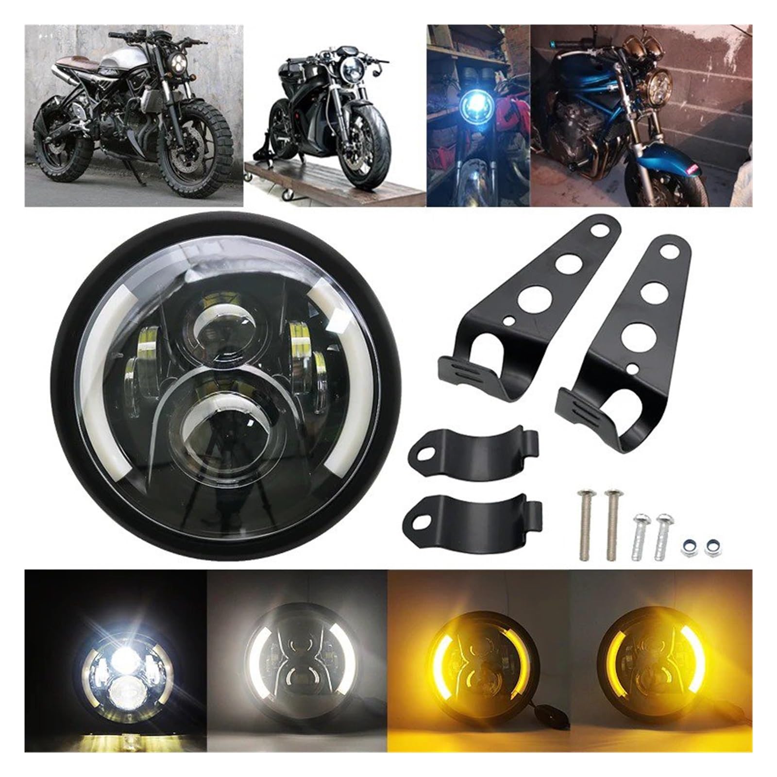 Optique Moto LED Universel 7.5 Pouces Blanc/Ambre Pièces Lampe Frontale Motos Phare LED Phare Avant