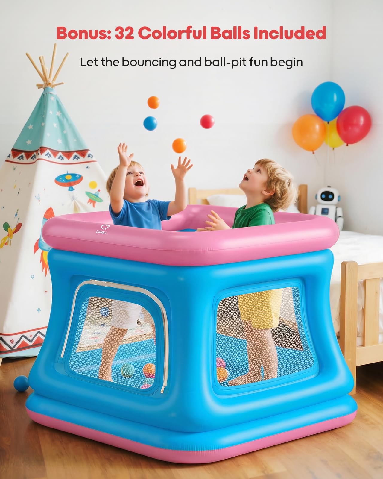 QPAU 3-in-1-Bällebad und Trampolin für Kleinkinder, aufblasbare Hüpfburg mit Sicherheitsnetz, Outdoor-Spielzeug für Kleinkinder von 1–3 Jahren, Hüpfburg für den Innenbereich, Babyspielplatz