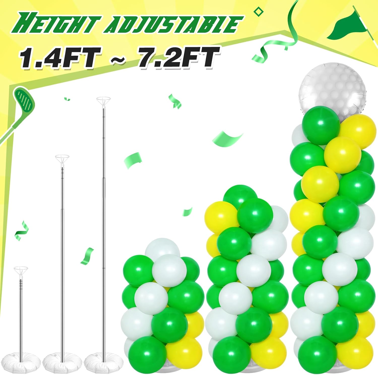 Soulchen 2 Set Golf Hole in One Balloon Column Stand Kit with Inflatable Blow up Balloons for Golf Birthday Party Clubs Decorations Sports Party Supplies(Green White Yellow)