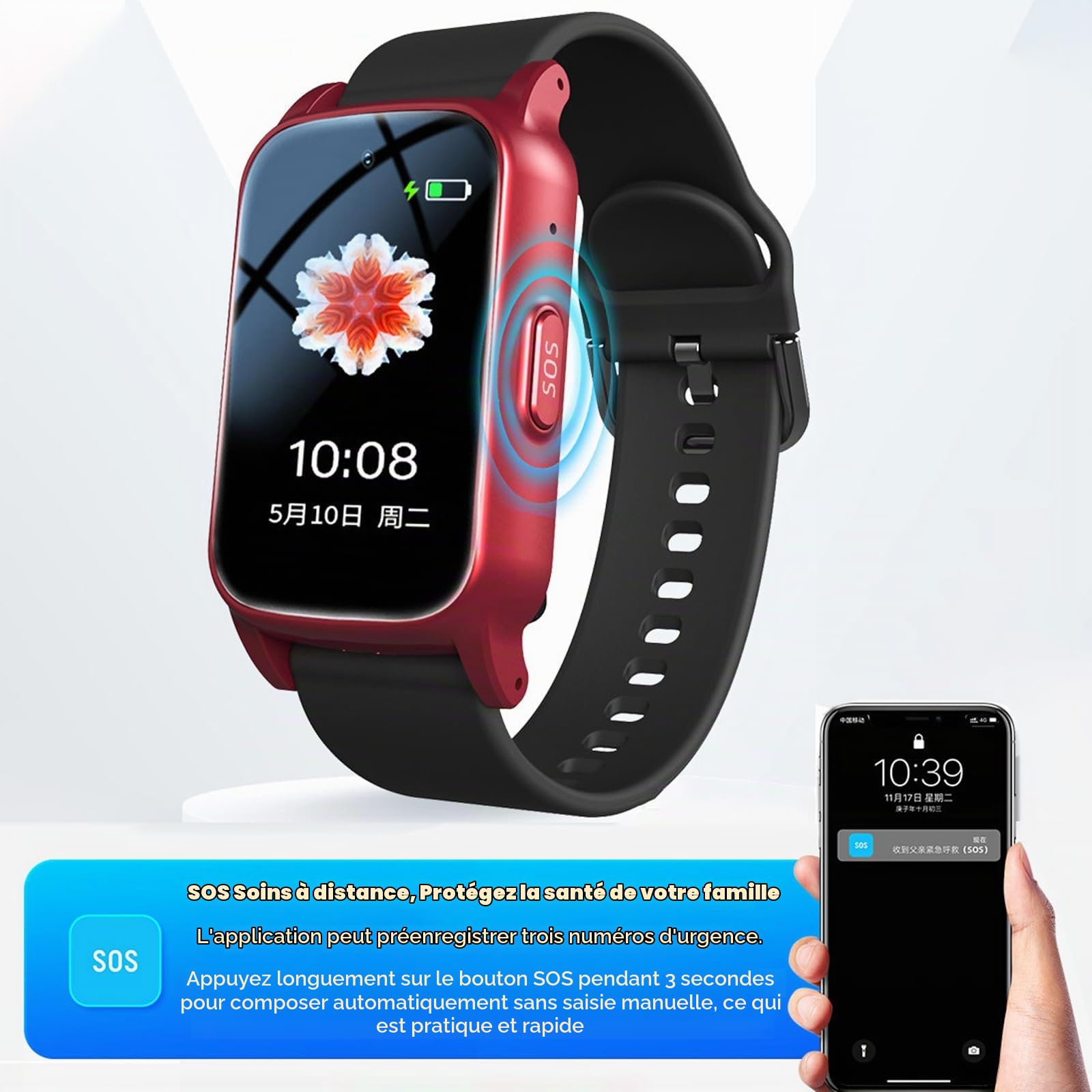 Bracelet SOS Personnes âgées, Montre Connectée avec Détecteur de Chute, Bracelet GPS Tracker, Bracelet de Positionnement GPS, Montre Intelligente pour Personnes âgées,Red