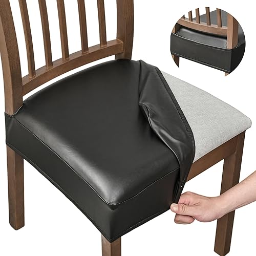 NILUOH Juego de 2 fundas de asiento impermeables para sillas de comedor, de piel sintética, extraíbles y lavables, fundas traseras (PU-negro)