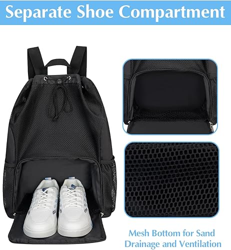 Miniatura 3 de Mochila de playa a prueba de arena con compartimento para zapatos y bolsillo húmedo, bolsa de natación de malla impermeable para piscina, Negro