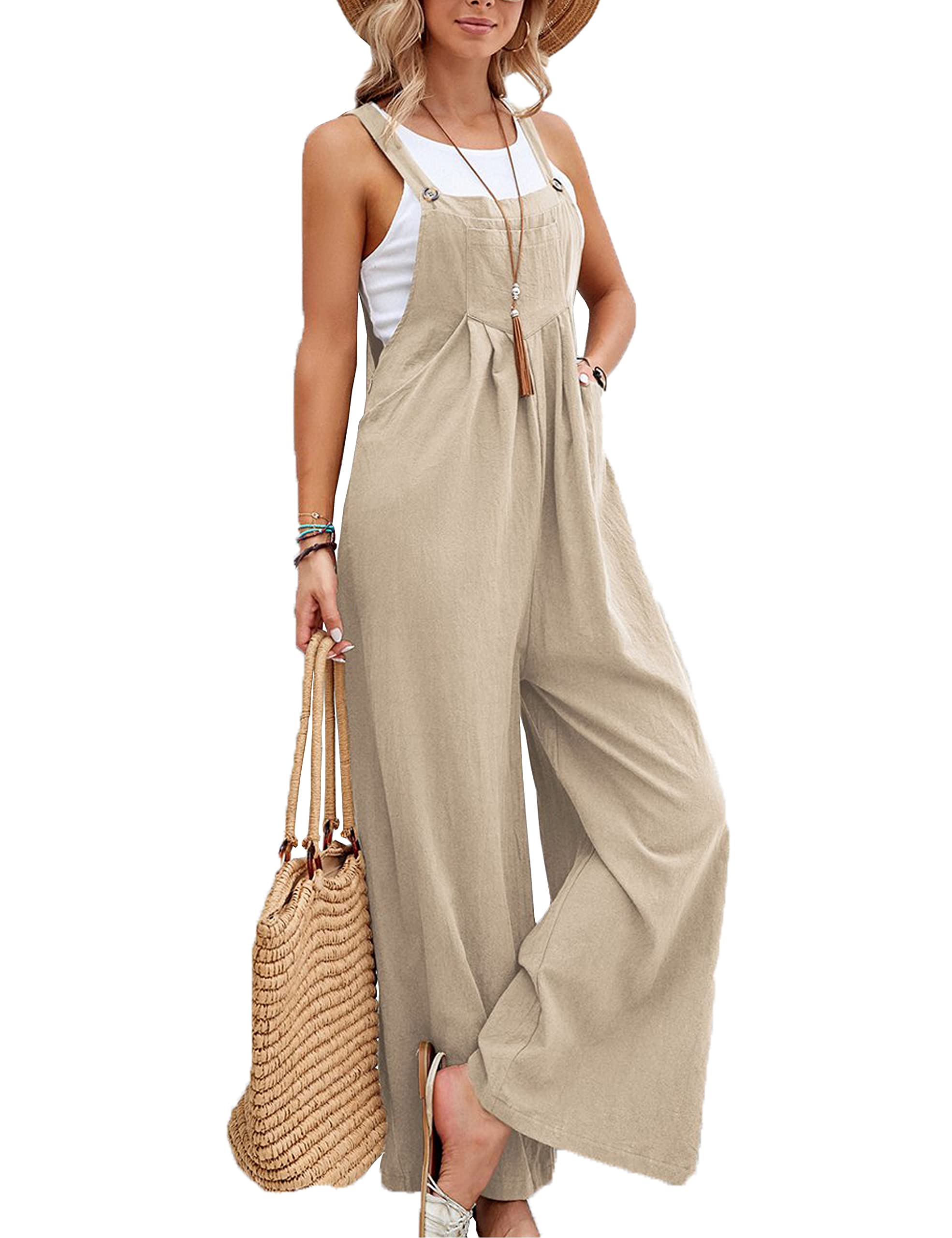 Oulivey Women's Cotton Linen Wide Leg Jumpsuits Sleeveless Loose