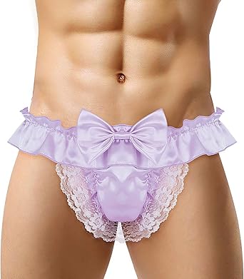 Mens Thong, Boyish Satin Underwear, Lace, Ruffle, Maid-style, Sexy Male Underwear, Erotic Thong Shorts, Low Waist, Cute, Underwear, Extreme Innerwear, Lingerie, Panties, See-Through