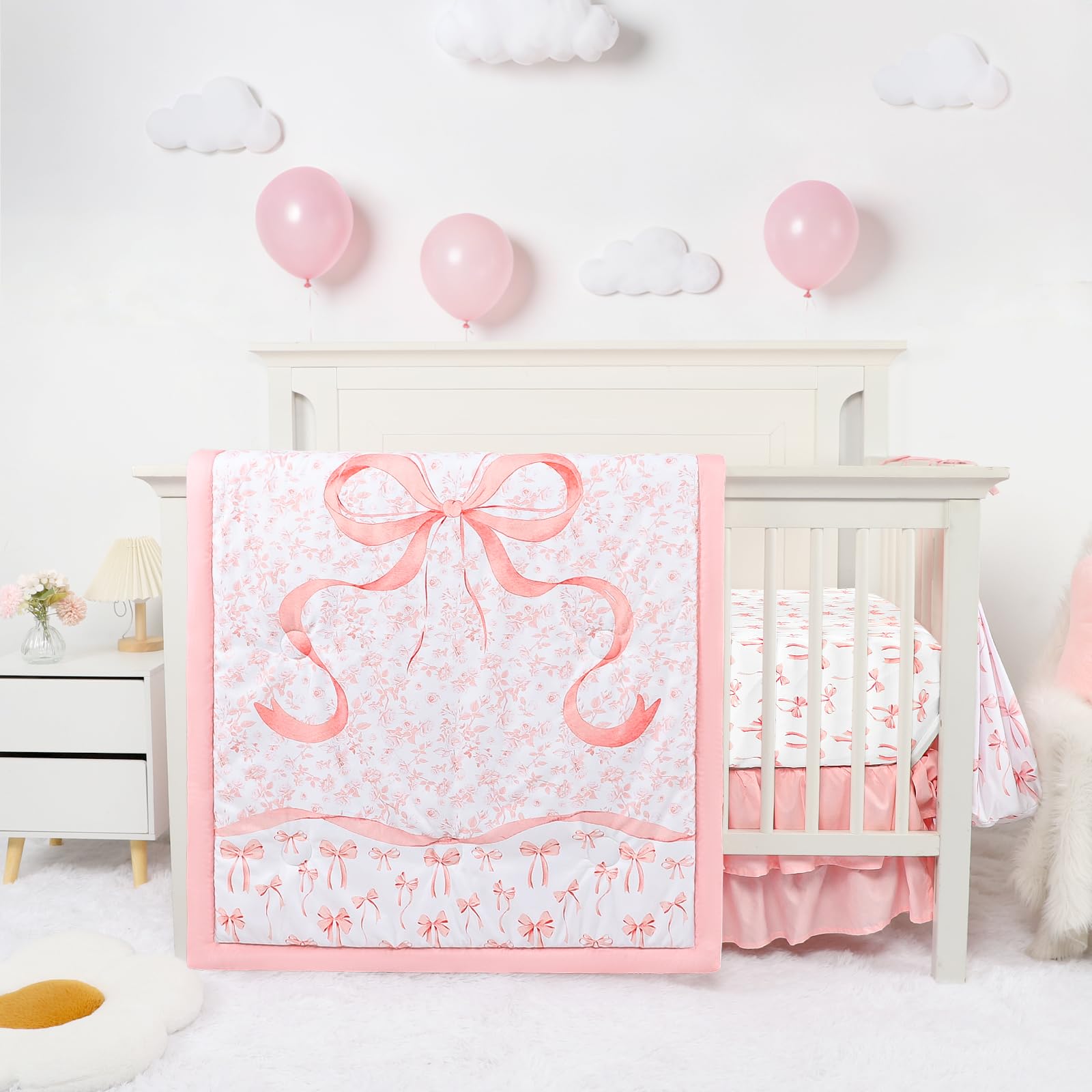 Crib Bedding Set for Baby Girls and Boys, 4 Piece Infant Nursery Bedding Sets, Baby Comforter Set for Crib, Pink Nursery Bed Set, Pink Bow