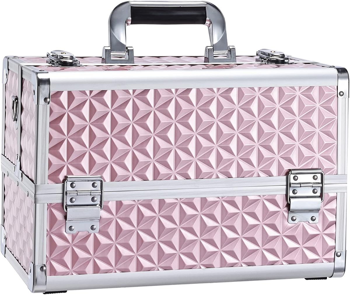 Estuche de tren de maquillaje Organizador de cosméticos profesional Caja de almacenamiento de aluminio con 4 bandejas divisorias ajustables Portátil con cerradura con correa para el hombro