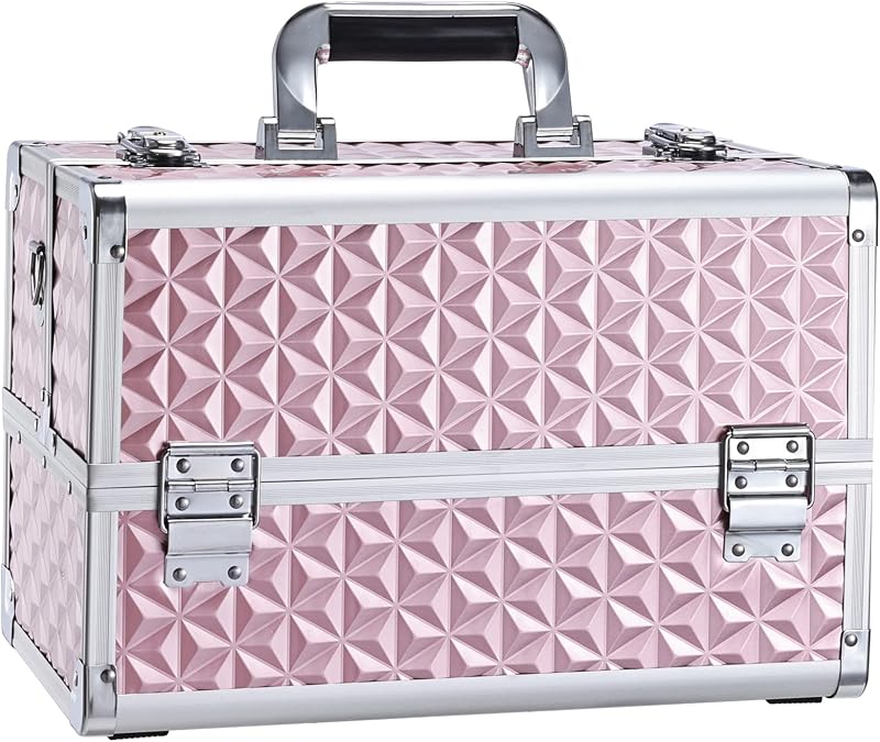 Estuche de tren de maquillaje Organizador de cosméticos profesional Caja de almacenamiento de aluminio con 4 bandejas divisorias ajustables portátil con cerradura con correa para el hombro