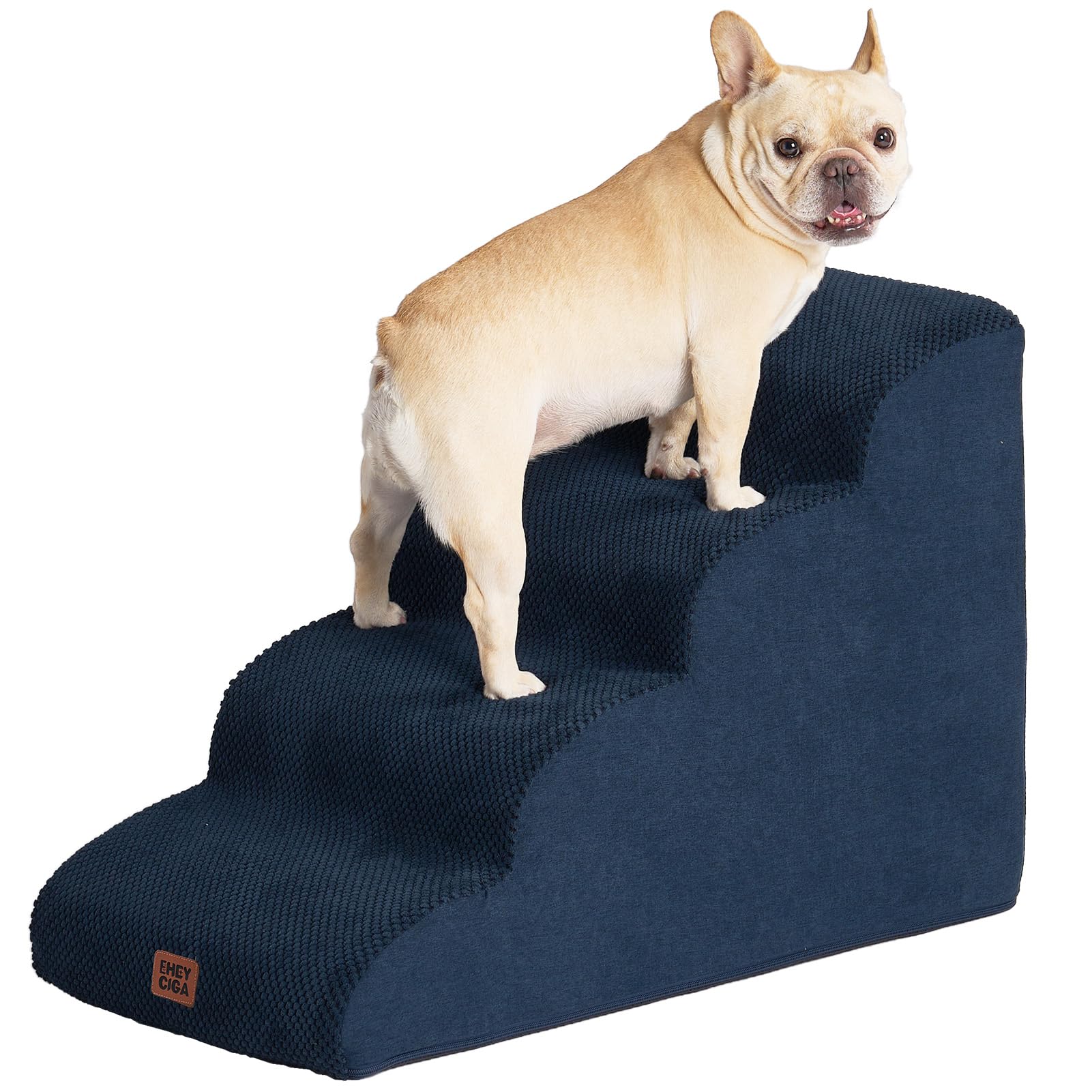 EHEYCIGA Curved Dog Steps for Bed, 4-Step Dog Stairs for Sofa, High Density Foam Pet Steps for Small Dogs & Cats, Pet Stairs for High Bed, Non-Slip Dog Ramp with Washable Cover, 72x40x50cm, Navy — image 1