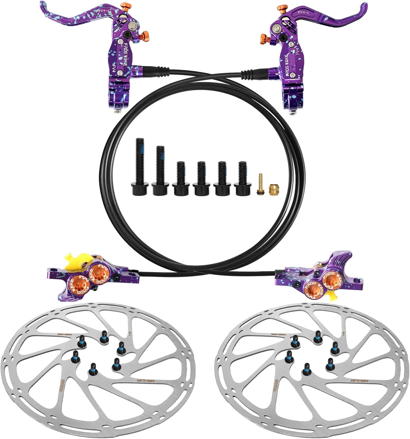 4 E4 Bike Disc Brake Kit MTB Brakes Set with 180mm Rotors,Left Rear 1550mm & Right Front 850mm Aluminum Alloy Lever Adapter for Folding Bike/Scooter/Fat Bike(Vertical Cylinder Version Purple)