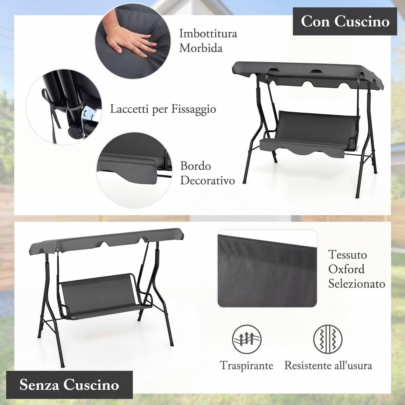 COSTWAY Dondolo da Giardino 3 Posti con Tettuccio Regolabile, Cuscino Removibile, Sedia Sospesso con Struttura in Metallo, Portata 225 kg, 172 x 110 x 154 cm (Grigio)