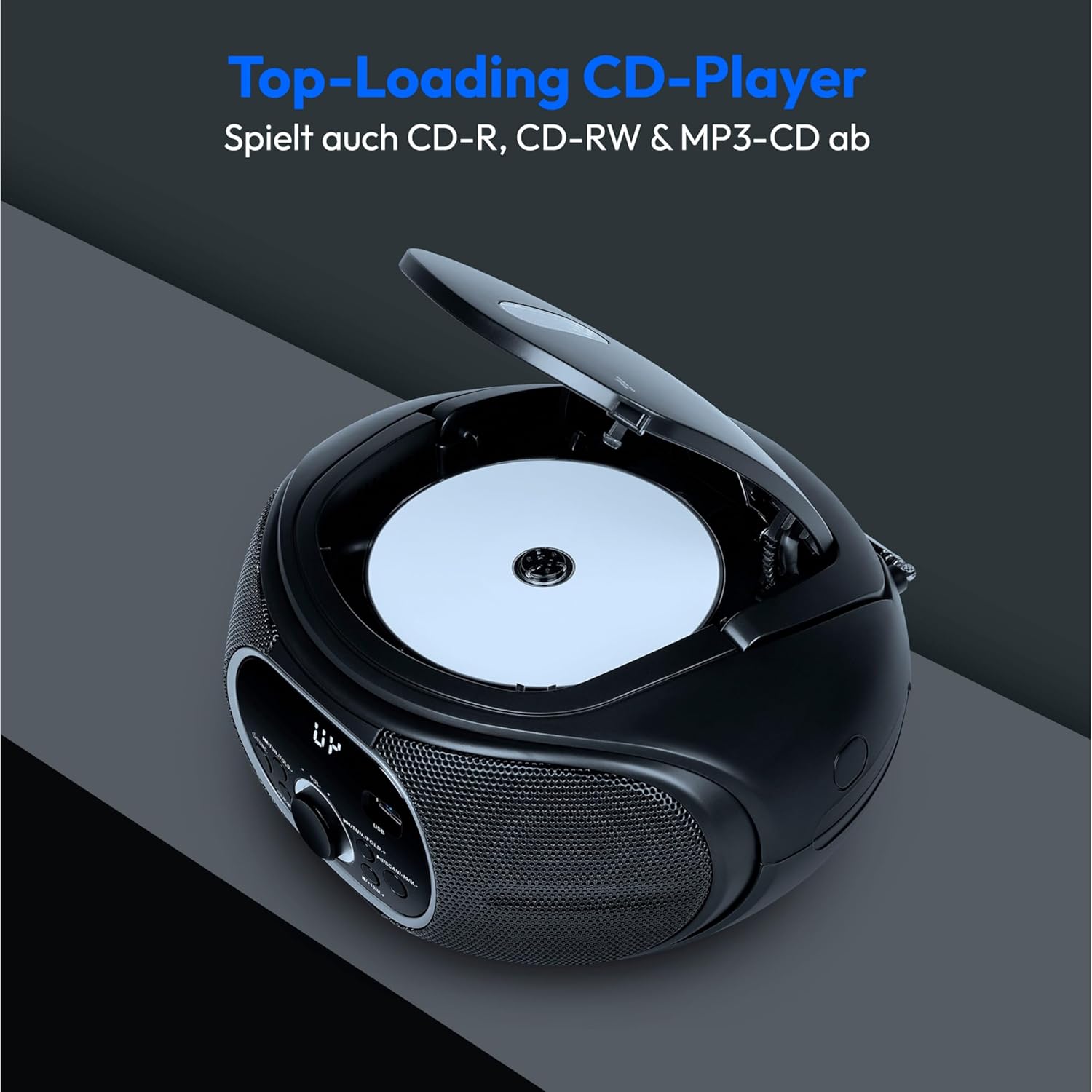 Top-loading CD player of the MEDION Boombox E65711 with the lid open and a CD inserted.