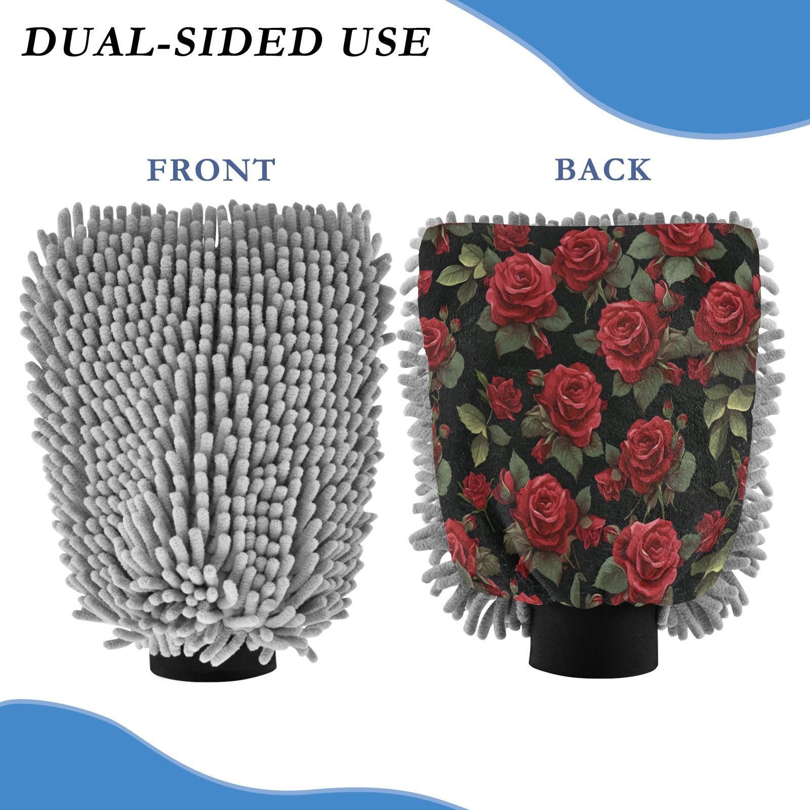 ALAZA Vintage Rose Flowers Floral Car Wash Mitt Scratch Free, 2 Pack Absorbent Microfiber/Chenille Washing & Drying Mitts, L