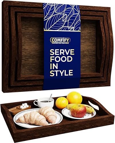 Miniatura 1 de Bandejas rústicas de madera con asa juego de 3 unidades grandes medianas y pequeñas bandejas multiusos de anidación para desayuno mesa de