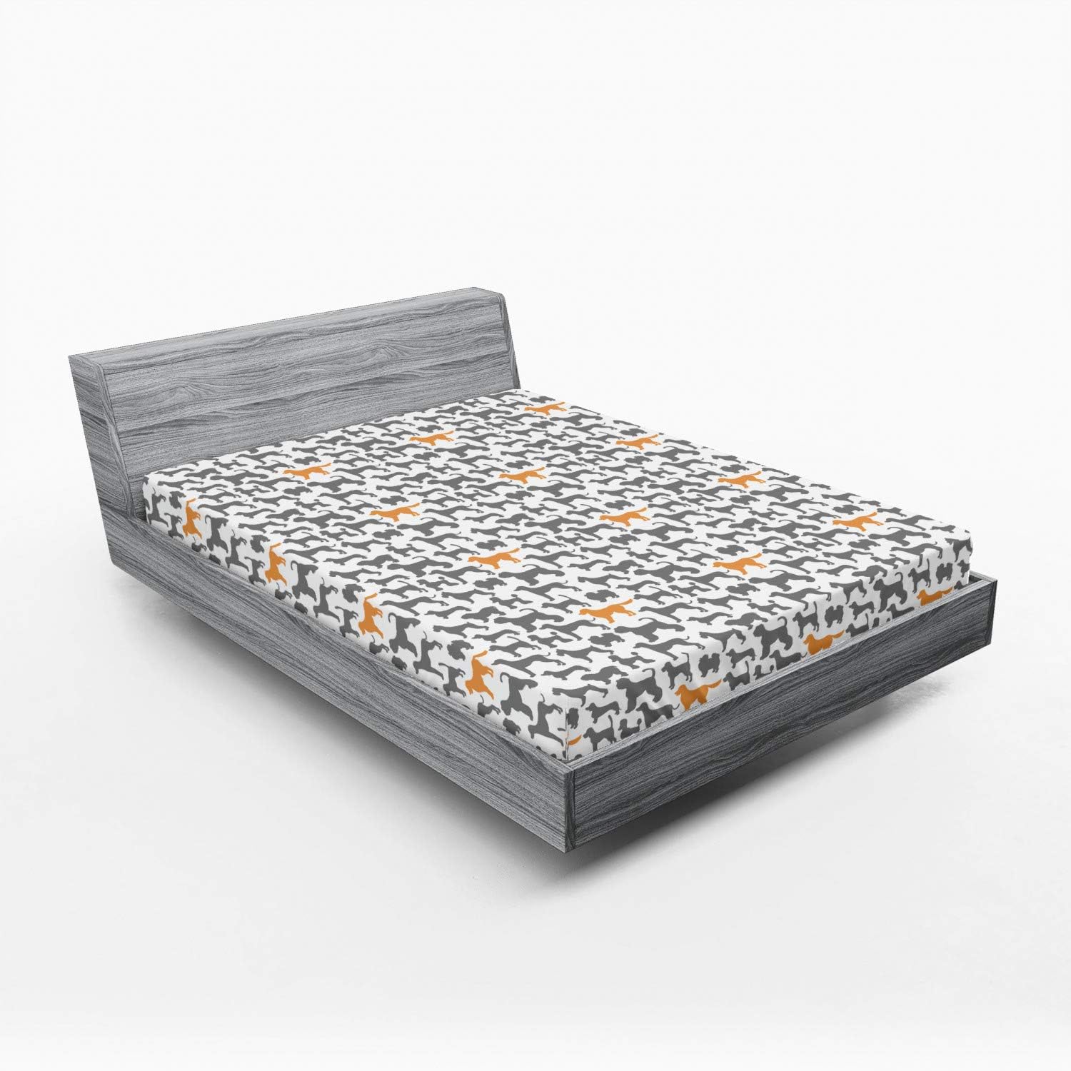 Ambesonne Dogs 2 Pack Fitted Sheet, Dog Silhouettes Pet Lovers, Bed Cover All-Round Elastic Deep Pockets 2 Pieces, Package Contains 2 Queen Size Fitted Sheets, Grey Orange and White